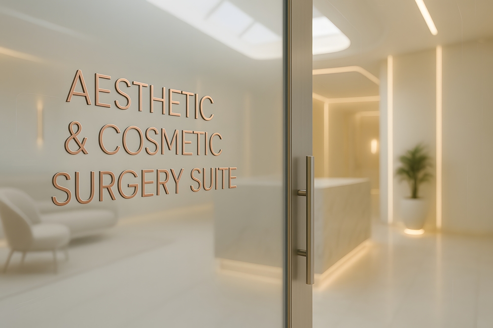 Glass,Entrance,Labeled,Aesthetic,And,Cosmetic,Surgery,Suite,With,Modern