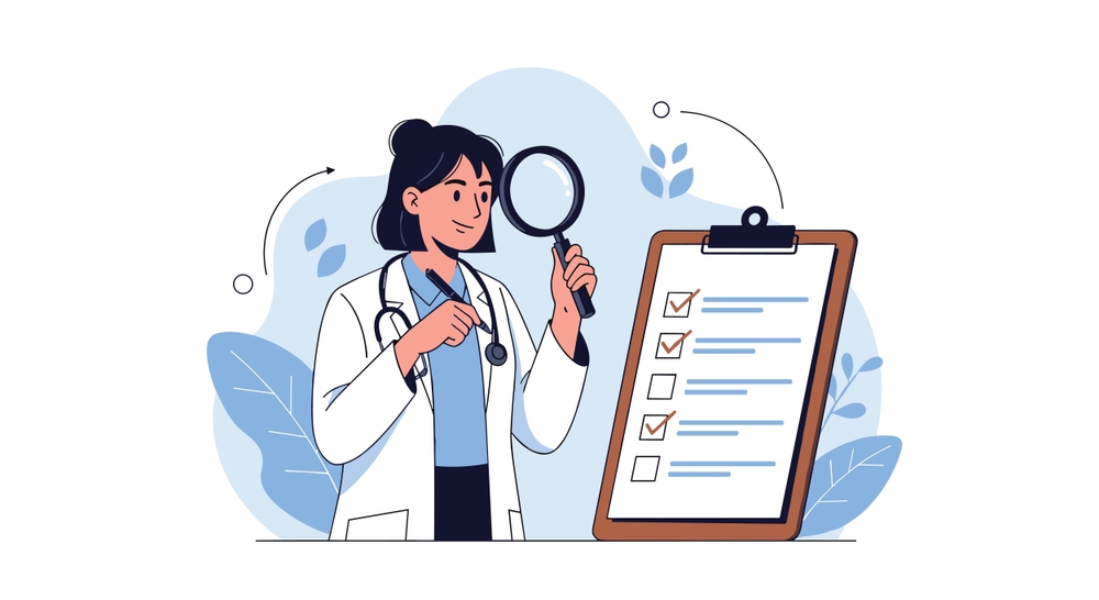 Female,Doctor,In,White,Lab,Coat,Uses,Magnifying,Glass,To